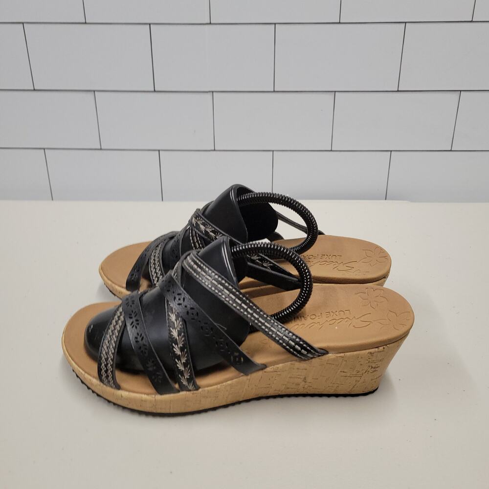Skechers Women's Size 11 Black Strappy Wedge Sandals Cork Look Slip On Comfort